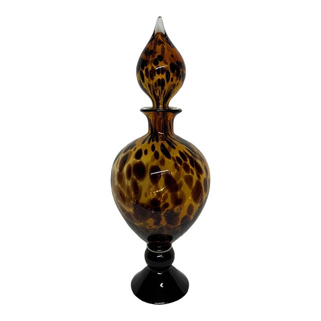 Late 20th Century Large 21” Tortoise Shell Pattern Glass Pedestal Jar With Teardrop Stopper For Sale