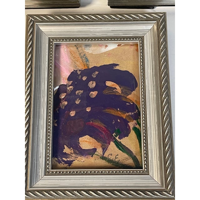 Abstract 1970s Abstract Floral Small Original Paintings in Silver Frames - Set of 3 For Sale - Image 3 of 5