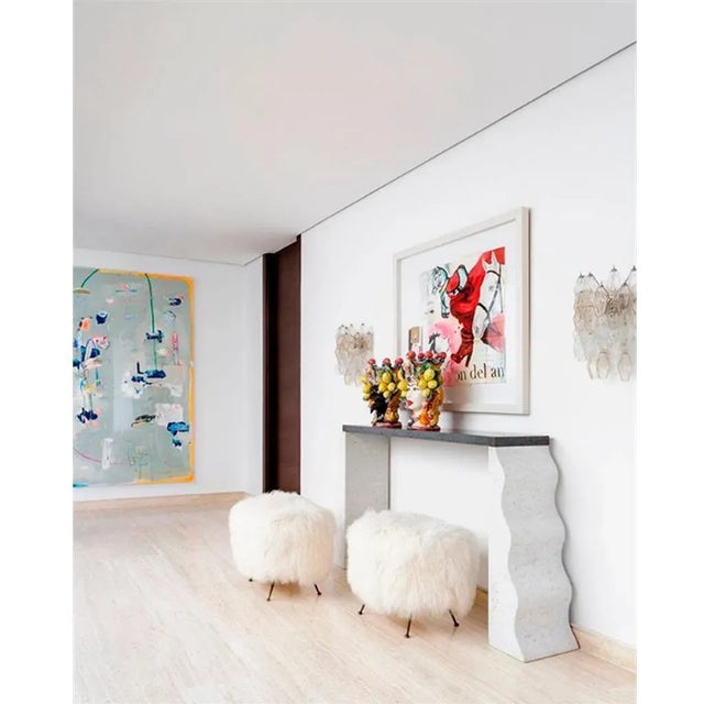 Mid-Century White Mongolian Goat Fur, Wood and Metal Italian Footstool For Sale - Image 3 of 5