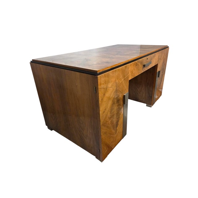1930s Exceptional French Burl Walnut + Nickel Bronze Executive Office Desk / Writing Table/ Bureau Plat For Sale - Image 11 of 18