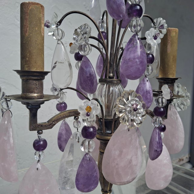 Late 19th Century 19th Century Opulent French Louis XV Huge Natural Rose Quartz, Amethyst and Clear Quartz Rock Crystal Girandole, Table Lamp For Sale - Image 5 of 18