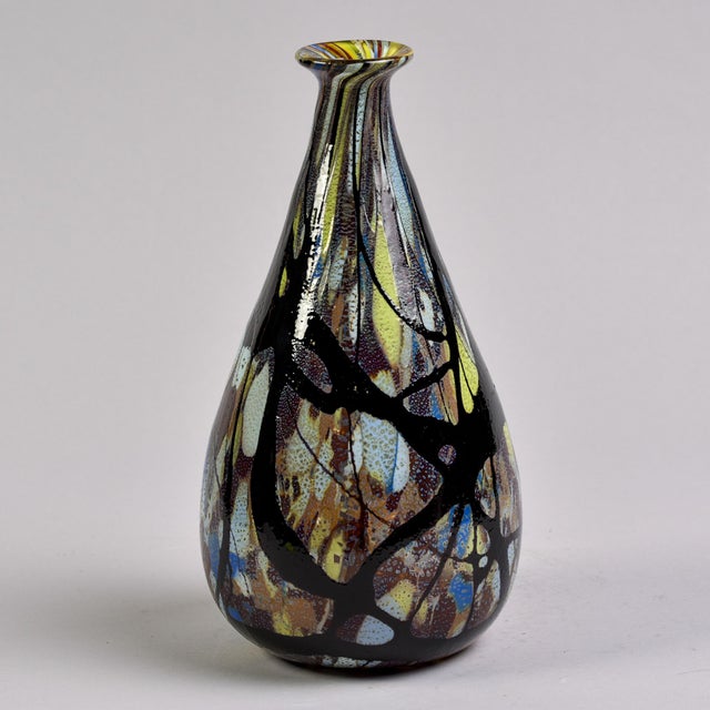 Glass Tall Vintage Signed + Orig Label Carlo Moretti Blue Black Gold White Murano Glass Vase For Sale - Image 7 of 12