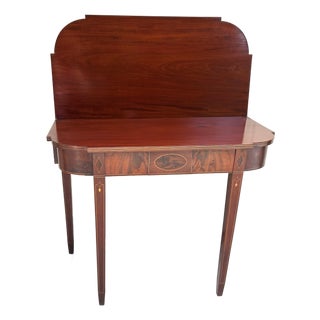 Antique, Flame-Mahogany, Federal Style, Game Table, Swivel and Hinged Flip-Top Mechanism, Geometric String Inlay, C1780-1830, Demilune Console Table For Sale