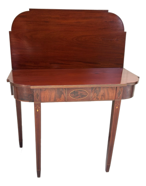 Antique, Flame-Mahogany, Federal Style, Game Table, Swivel and Hinged Flip-Top Mechanism, Geometric String Inlay, C1780-1830, Demilune Console Table