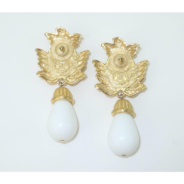 Metal Givenchy Gold Plate White Drop Dangle Earrings, 1980's For Sale - Image 7 of 10