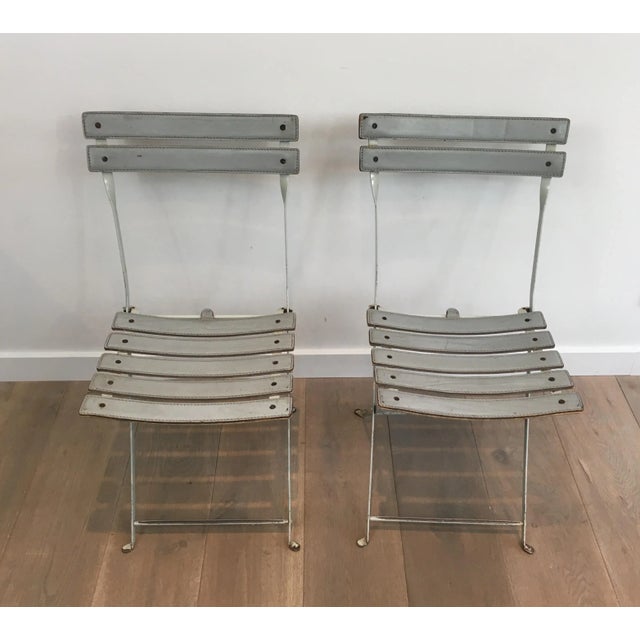 1970s Zanotta, Grey Leather and White Lacquered Metal Folding Chairs, Italian - A Pair For Sale - Image 5 of 13