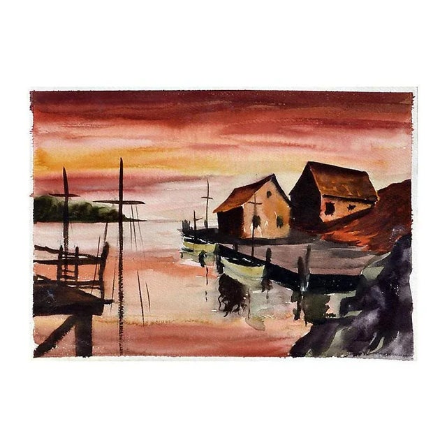 Red sunset, a watercolor painting by an unknown artist. Unsigned and unframed. Image size, 11"H x 15"L.