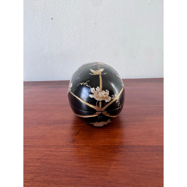 Japanese Hand-Carved Melon Form Black Lacquer Box With Mother of Pearl Inlay For Sale - Image 4 of 12