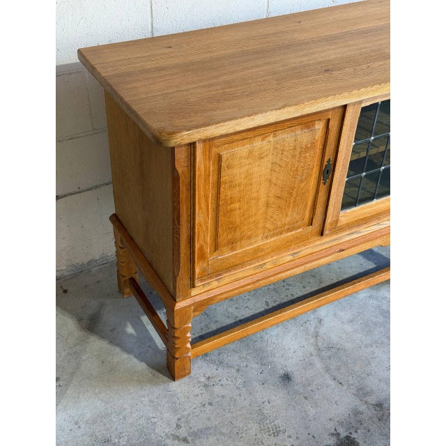 Mid-Century Modern Oak Sideboard Cabinet Leaded Glass Doors in Style of Henning Kjaernulf Denmark 1960s For Sale - Image 3 of 9