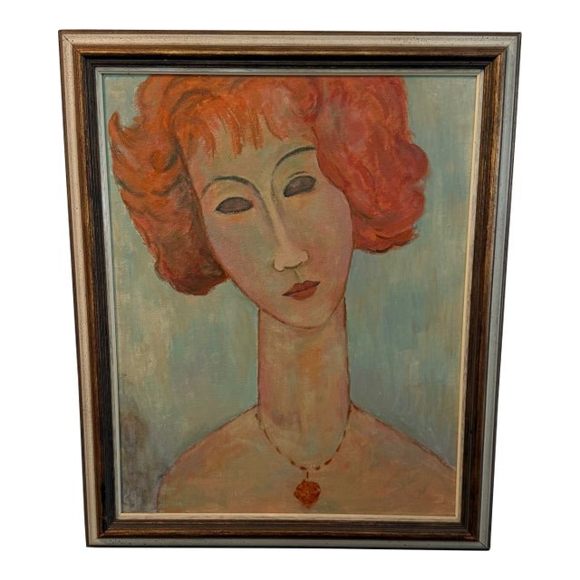 Vintage Oil Portrait After Modigliani in Frame For Sale