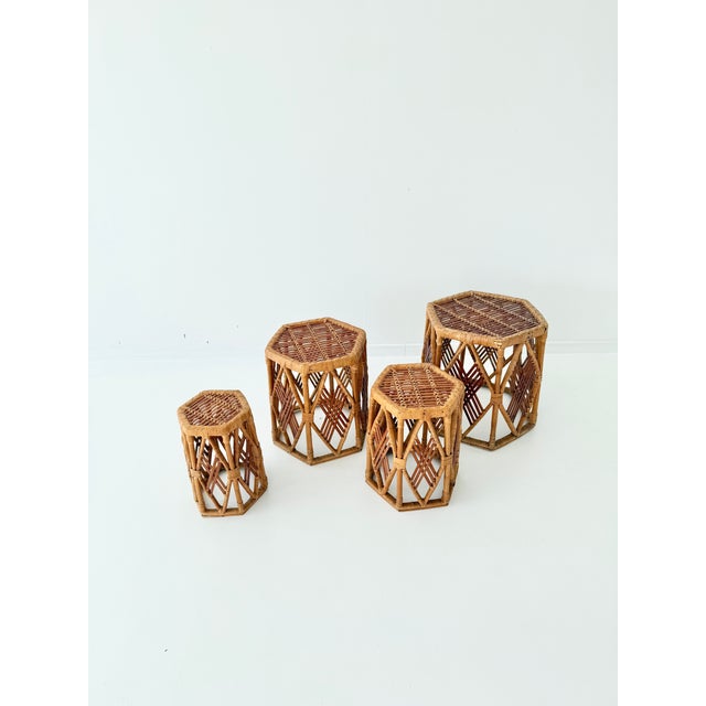 Hexagonal Rattan Stools in Geometric, Woven Lattice Design, 1970s, Set of 4, in Flawless conditions. Designed 1970 to 1979