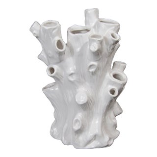 White Ceramic Faux Bois Tree Trunk Tulipiere Vase With 18 Openings Centerpiece For Sale