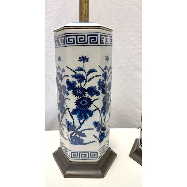 Blue Vintage Mid Century Blue and White Ceramic Hexagon Shaped Table Lamps- A Pair For Sale - Image 8 of 17