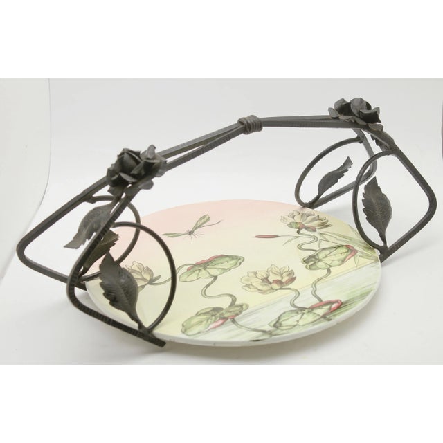 Black Art Deco Porcelain Gateau Plate with Handle or Carrier in Wrought Iron For Sale - Image 8 of 10