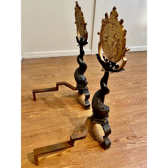 Black Pair American Cast Iron Dolphin Andirons For Sale - Image 8 of 11