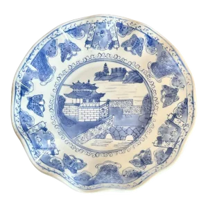 Vintage Hand-Painted Blue and White Chinoiserie Ruffle Bowl With Island Pagoda Scene.