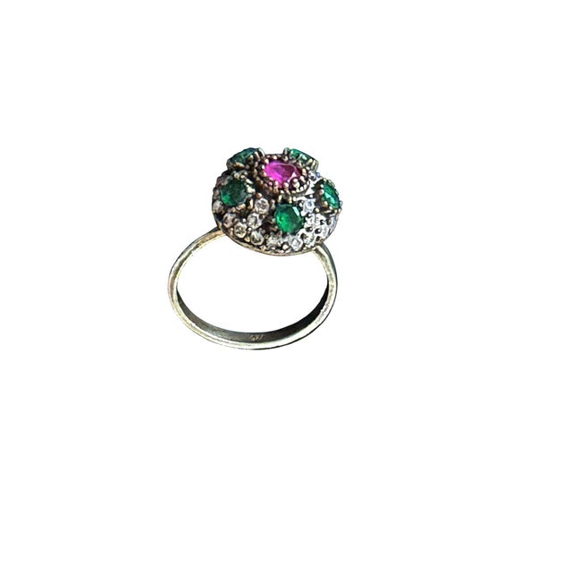 Metal Vintage Natural Ruby, Emerald & Diamond Ring - 925 Sterling Silver Size 7 Jaipur For Sale - Image 7 of 10