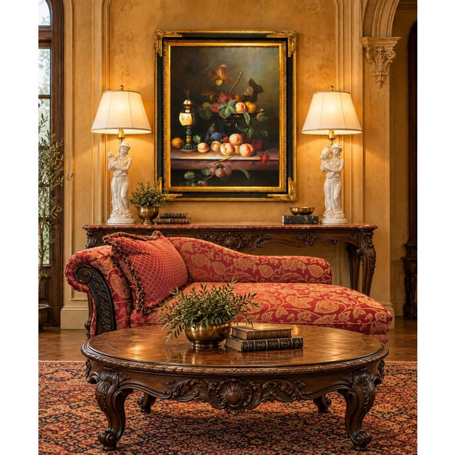 This mid 20th century neoclassical style oil on canvas painting features a pedestal dish with cascading fruit and vines in...