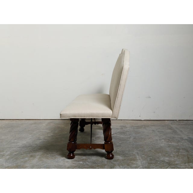 Italian 19th Century Walnut Upholstered Bench with Twisted Base, Iron Stretcher For Sale - Image 4 of 8