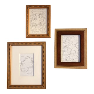 Gallery Collection-3 Vintage Original Wayne Cunningham Abstract Ink Drawings Inlaid Wood Frames-Set of 3 For Sale