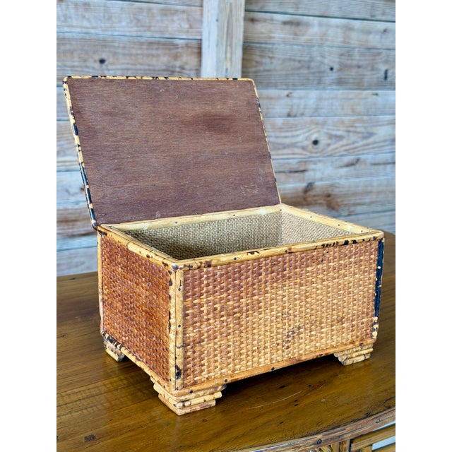 English Vintage Tortoiseshell Bamboo & Woven Rattan Lidded Storage Box For Sale - Image 3 of 12