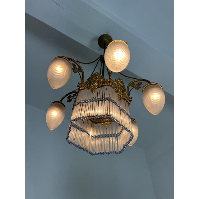 Gold Art Deco 7-Light Chandelier in Brass and Glass, 1940s For Sale - Image 8 of 18