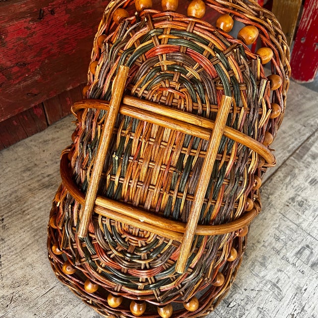 Wood Vintage Gathering Basket With Decorative Bead Accents Wicker & Wood For Sale - Image 7 of 10