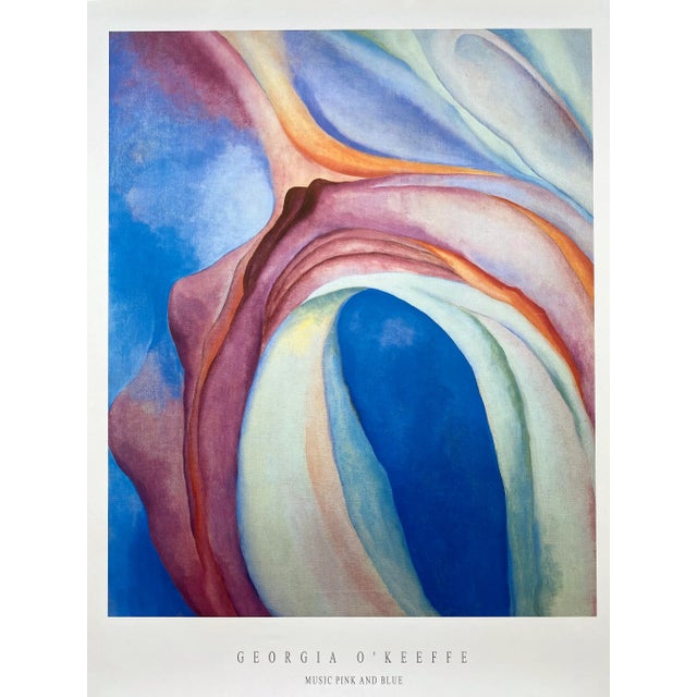 This Georgia O'Keeffe rare vintage 1980's Modernist offset lithograph print poster " Music, Pink and Blue " 1918, is a...