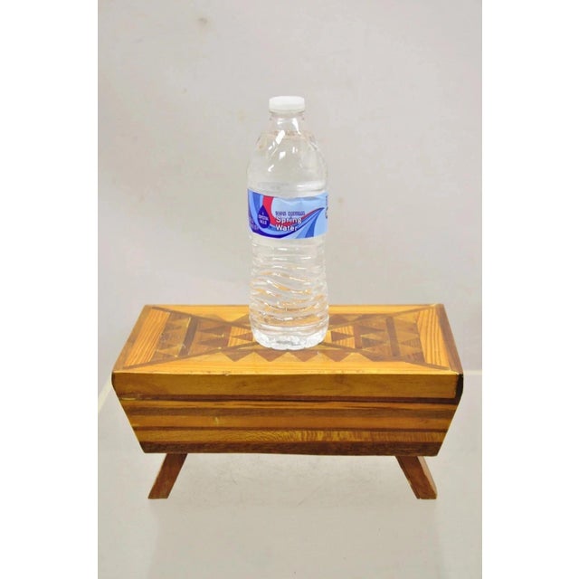 Vintage Folk Art Marquetry Inlay Small Wooden Primitive Footstool Ottoman Stool. Item features a nice small size,...