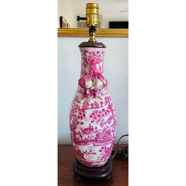Chinoiserie Vintage Chinese Porcelain Pink Chinoiserie Table Lamp With Pommegranate Flowered Handles For Sale - Image 3 of 12