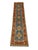This Kazak-style wool runner has a slate blue field with repeating tribal motifs and a richly patterned rust red border....