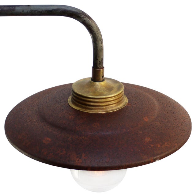 Mid-Century Modern Vintage Industrial Rust Iron and Brass Sconce with Clear Striped Glass For Sale - Image 3 of 5