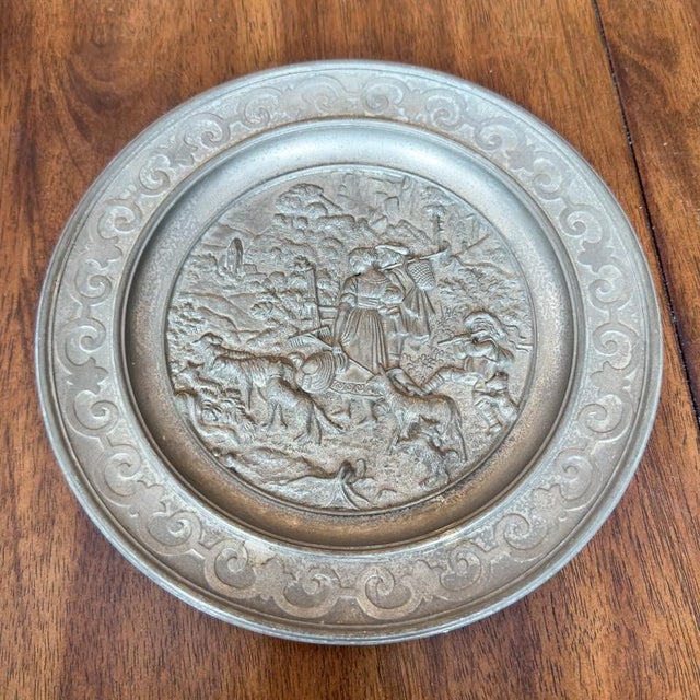 Antique Sks Zinn Pewter Hanging Plate, Germany with Farming Sheppard Scene For Sale In San Diego - Image 6 of 12