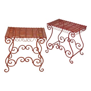 Vintage Whimsical Magenta Wrought Iron Garden Patio Side Tables - A Pair For Sale
