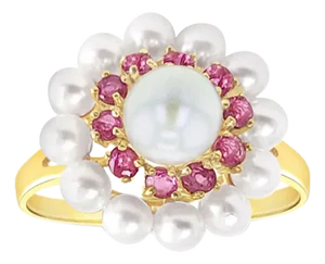 Double Halo Pearl & Ruby Ring 7MM Pearl 14k Yellow Gold, Size 6