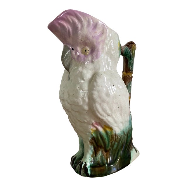 19th Century Ceramic Majolica Bird Cockatoo Pitcher For Sale