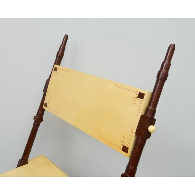 Pair of Carlo Bugatti Inspired Handcrafted Parchment and Mahogany Chairs For Sale - Image 9 of 12