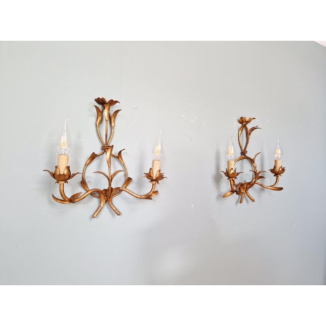 Mid-Century Modern Floral Wall Sconces in Gilt Metal, Italy, 1960, Set of 2 For Sale - Image 3 of 14