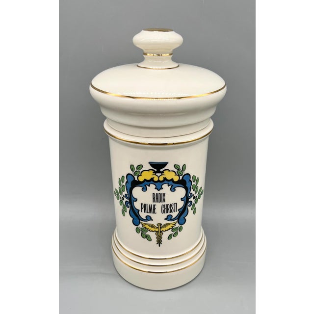 Mid 20th Century Vintage Blair Apothecary Jar Radix Palmae Christi With Lid – Ceramic Pharmacy Jar – Medical Caduceus – Neoclassical Pharmacy Decor For Sale - Image 5 of 14