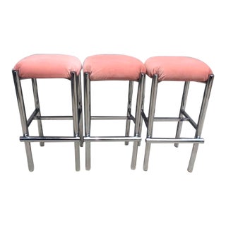 Blush Velvet & Chrome Bar Stools - Set of 3 For Sale