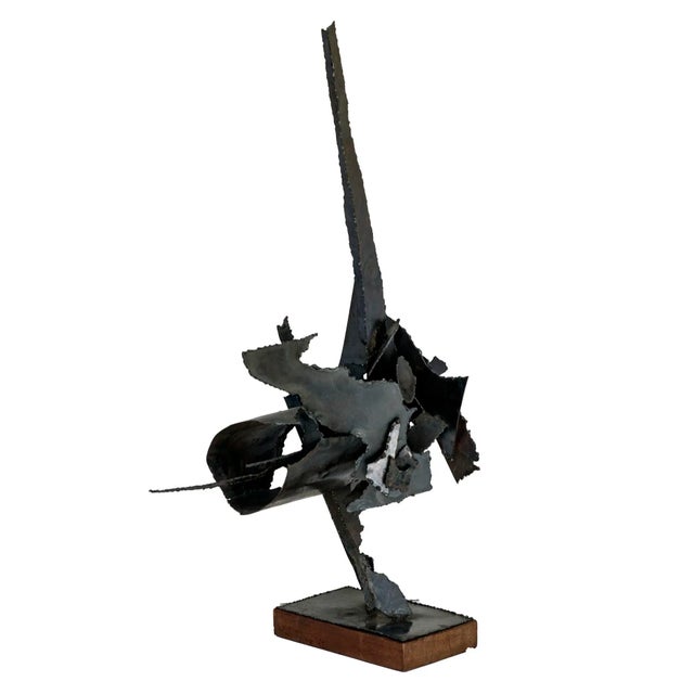 Brutalist Mid 20th Century Wendell Cullen Hudiburg Brutalist Sculpture, Metal With Wood Base For Sale - Image 3 of 12
