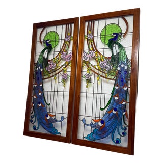 Vintage Stained Glass Peacock Window Panel For Sale
