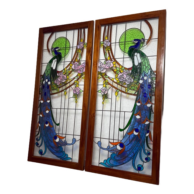 Vintage Stained Glass Peacock Window Panel For Sale