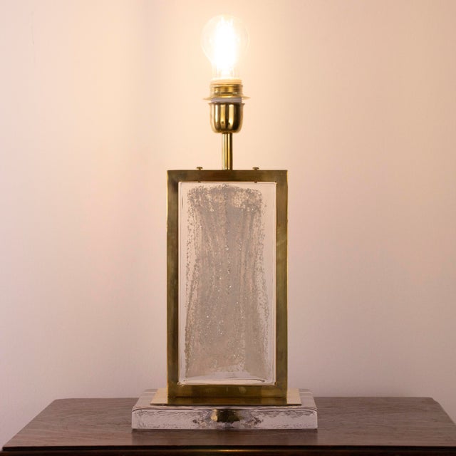 Handmade artistic italian table lamp murano glass brick clear glass with silver glitter and brass base made in italy. the...