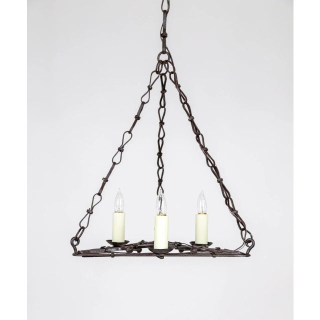 Gothic Early 20th Century Flat Triangular Wrought Iron Gothic Revival 3-Light Chandelier For Sale - Image 3 of 11