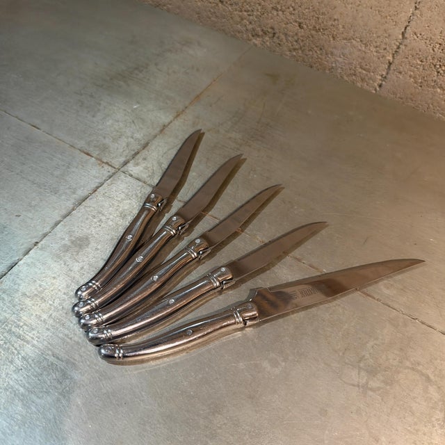 1980s 1980s Laguiole-Style Steak Knives Sabatier France Chrome Plated Polished Steel - Set of 5 For Sale - Image 5 of 12