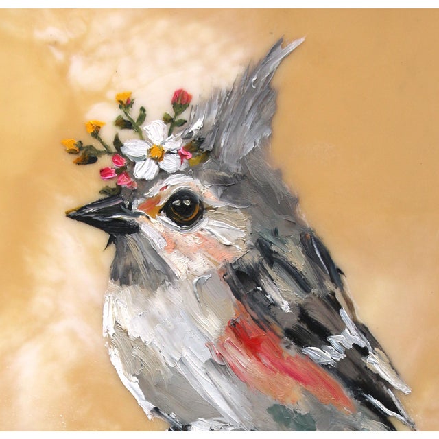 Contemporary Floriferous Bird, Study 3 by Carrie Goller | Oil and Encaustic Bird With Flower Crown For Sale - Image 3 of 7