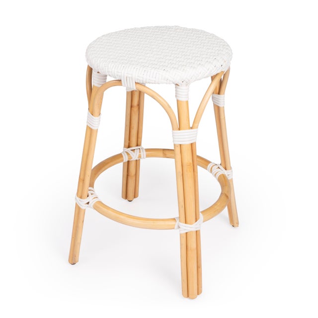White Tobias 24 in. Seat Height Round Rattan Backless Counter Stool, Glossy White/ Natural Rattan Frame For Sale - Image 8 of 8