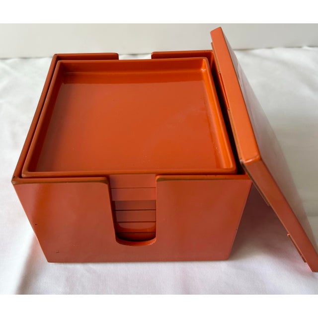 Mid 20th Century Vintage Japanese Orange Lacquerware Coaster Set - 6 pcs with Box For Sale - Image 5 of 9