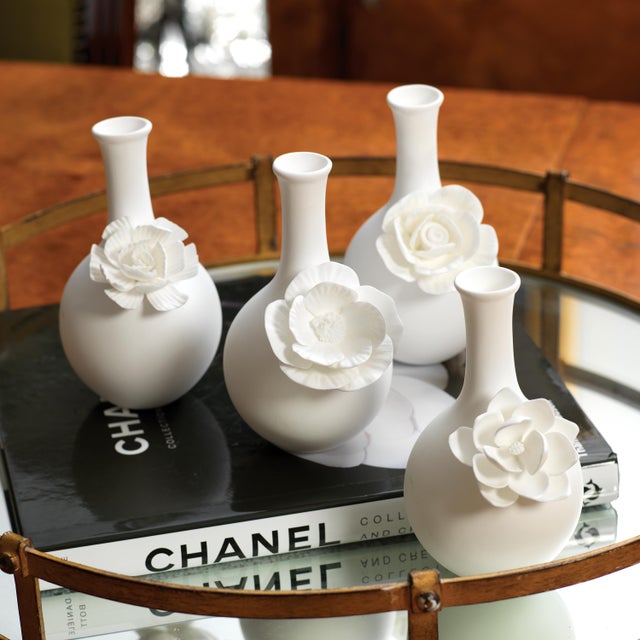 Art Deco 4-Piece Cameo Long Neck Porcelain Bud Vase Set For Sale - Image 3 of 5
